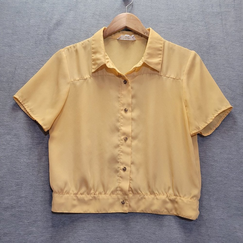 Pink Rose Top Women Medium Crop Button Down Collar Short Sleeve Yellow Office